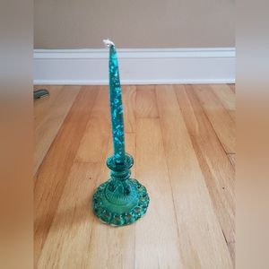 Vintage Teal Blue Glass Candle Holder &  Lucite Silver Fleck Candle